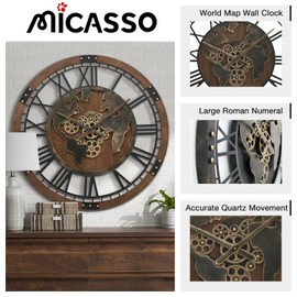 Micasso 27" Large Gear Clock with World Map, Oversized Brown Real Moving Gears Wall Clock, Vintage Wood Frame Non-Ticking Battery Operated Silent Mechanical Clock for Office, Living Room, Kitchen