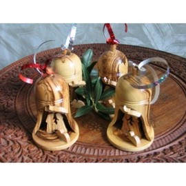 Holy Land Imports 4 Olive Wood Bell Christmas Ornaments from Bethlehem