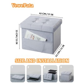 Storage Ottoman Foot Stool, 17 inches Folding Ottoman with Storage, Velvet Storage Bench with Side Pocket, Foot Rest for Living Room, Bedroom, Misty Blue