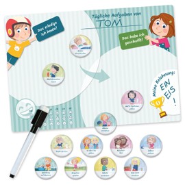 Papierdrachen Magnetic Board Basic Set Daily Schedule for Children - Structured Routine, Reward System, Reusable Reward Board with 12 Magnets | 3 Expansion Sets Available