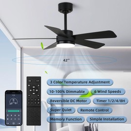 YYEHON 42 inch Ceiling Fans with Lights,Black Ceiling Fan with Light and Remote Control, Reversible, 3CCT, Dimmable, Noiseless, Small Ceiling Fan for Bedroom, Farmhouse, Indoor/Outdoor Use