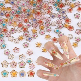 100Pcs Mixed Color Spring Flower Nail Art Charms, 3D Flatback Resin Cherry Blossom Petals with Luxury Gold Edges Clear Crystal Glitter Floral Designs for Manicure DIY Jewelry Making (4-Flower-1)