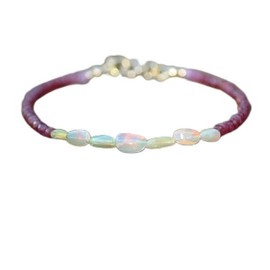 LKBEADS Longido Ruby & Ethiopian Opal 3-8 mm Rondelle & Tumble Shape Faceted & Smooth Cut Gemstone Beads 7 Inch Stacking Bracelet with Silver Plated Lock for Unisex #Code- LCBR-4340, Stone Sterling