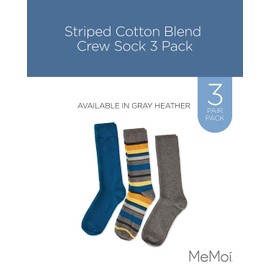 MeMoi Striped Cotton Blend Crew Sock 3 Pack Gray Heather 10-13