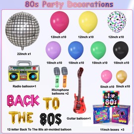100pcs 80's Party Boxes Balloons Decoration Back to The 80s Balloon Garland Arch Kit Cardboard Disco Ball Radio Boom Boxes Guitar Microphone Foil Balloons for Back to 80s 90s Hip Hop Birthday Supplies