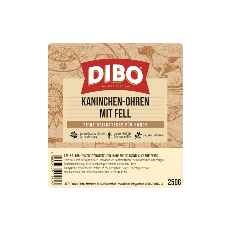 DIBO Orecchie di coniglio con pelliccia, sacchetto da 250 g,