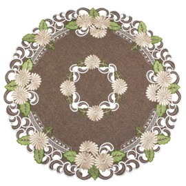 Embroidered Gold Daisy with Green Leaves on Brown, Round Doily, Table Centerpiece (33 Inch Round)