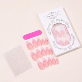 24 Pcs Pink French Tip Press on Nails Short Fake Nails Almond Shape False Nails Reusable Acrylic Nails Press ons Cute Pearl Bow Nails Design Handmade Nails Full Cover Glue-Free on Nails for Women