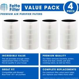 Fette Filter - Air Purifier Filter Compatible with Blue Pure 411 Particle and Activated Carbon. Fits Blue Pure 411 Air Purifier Pack of 4 Filters