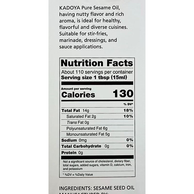 Roasted Sesame Oil,Kadoya 100% Pure Roasted Sesame Oil, 56 Fl