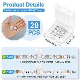 Pmxary 20Pcs 4 Pin LED Strip Connectors for 8mm Wide RGB LED Strip Lights, Solderless Unwired LED Light Connectors, Easily Extend or Splice 4-Pin 8mm Multicolor Strips