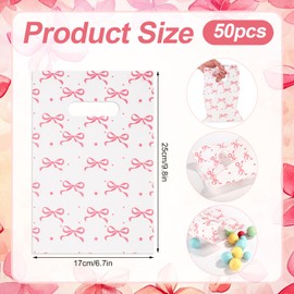 50 Pcs Pink Bow Plastic Gift Bags, Candy Goodie Treat Bags Retail Shopping Bags Coquette Bow Party Favor Bags for Birthday Bridal Shower Engage Wedding Sweet Party Supplies