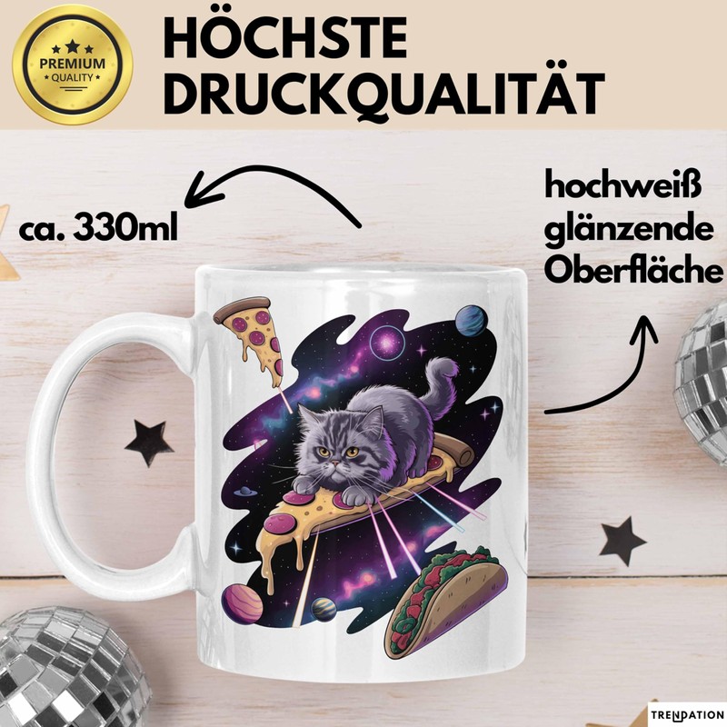 Pizzaesser Tasse Geschenk Katze isst Pizza im Weltall Lustig (Weiß)