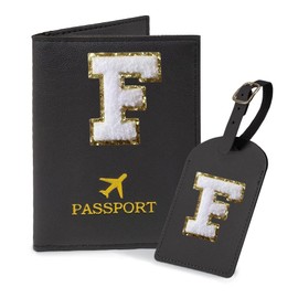 COSHAYSOO Black Passport Cover and Luggage Tag Set TSA Approved with Her Initial Chenille Letter Patch, Monogrammed Travel Bag Backpack Suitcase Identifier Gifts for Mom Women Teacher (F)