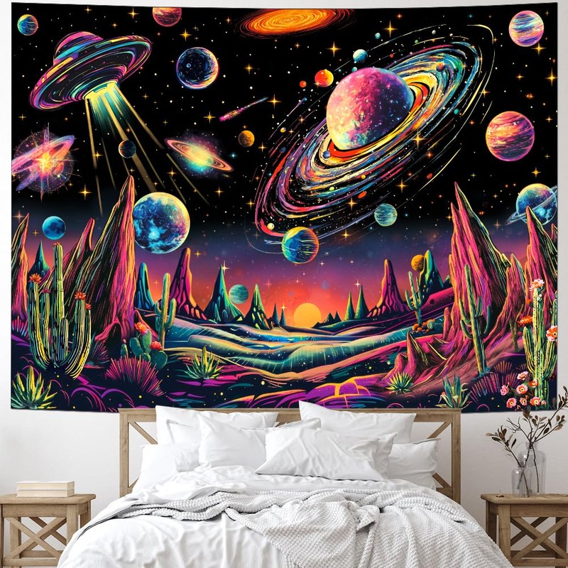 Tushelia Blacklight Galaxy Space Tapestry Neon Planet UFO Tapestries UV