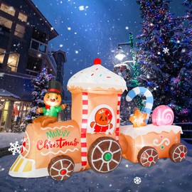 Christmas Inflatables Outdoor Decoration 8 FT Long Gingerbread Man on The Train with LED Lights Christmas Blow Up for Lawn Garden Holiday Party Yard Xmas Decor