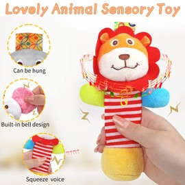 Soft Baby Rattles, 2 Pack Plush Animal Rattle Toys for Babies 0-6 Months, First Baby Sensory Toy with Sound for 0 3 6 Month Infant Gift (Elephant, Lion)