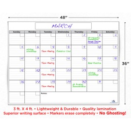 USI Opti Clear Large Dry Erase Monthly Wall Calendar, 1 Month, 36"x48"; WIPES 100% CLEAN - NEVER LEAVES MARKER STAINS!