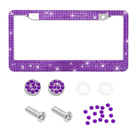 Ohleats Car License Plate Frame, Sparkling Stainless Steel License Plate Frame, Bling Diamond License Plate Holder Cover for Women Men, Universal Exterior Car Accessories (Dark Purple)