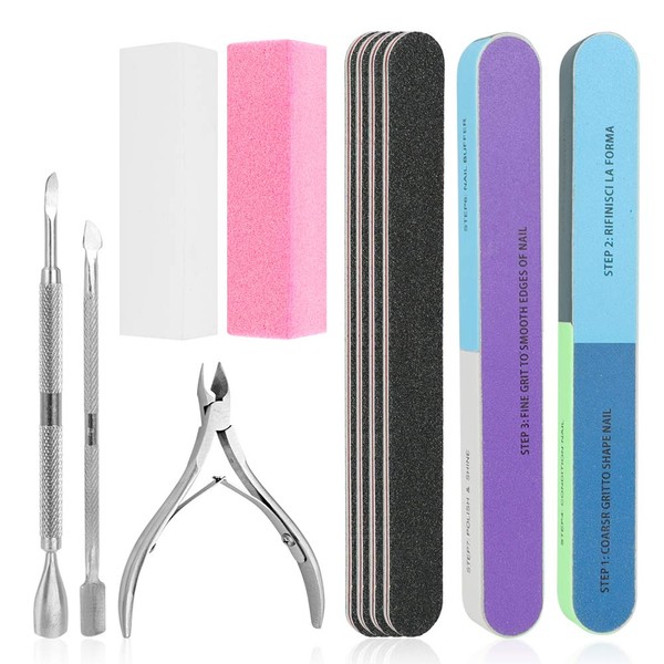 Nail File Set, WOVTE 11 Pcs Nail Files Block 7 Ways Buffer Block Buffer Block Sponge Polished, Come with Cuticle Nipper and Pusher for Dead Skin Nail Trimming Manicure Tools
