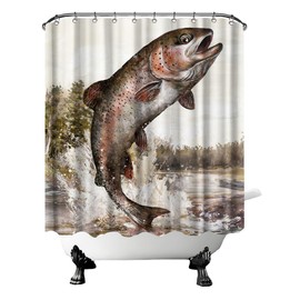 OuElegent Fish Shower Curtain Trout Fish Jumping Bathroom Curtain Lake Scene Bathroom Decor, Fishing Theme with 12 pcs Hooks 72''L x 72''W