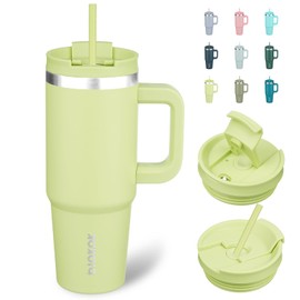 BJPKPK - Vaso con asa y pajita, 30 onzas aisladas con tapa, taza de café de viaje de acero inoxidable, color verde macaron