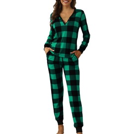 Smile Fish Womens Christmas Pajamas Set Long Sleeve Henley Neck Buffalo Plaid PJS Joggers Pants Loungewear Cotton Blend Green Black,L