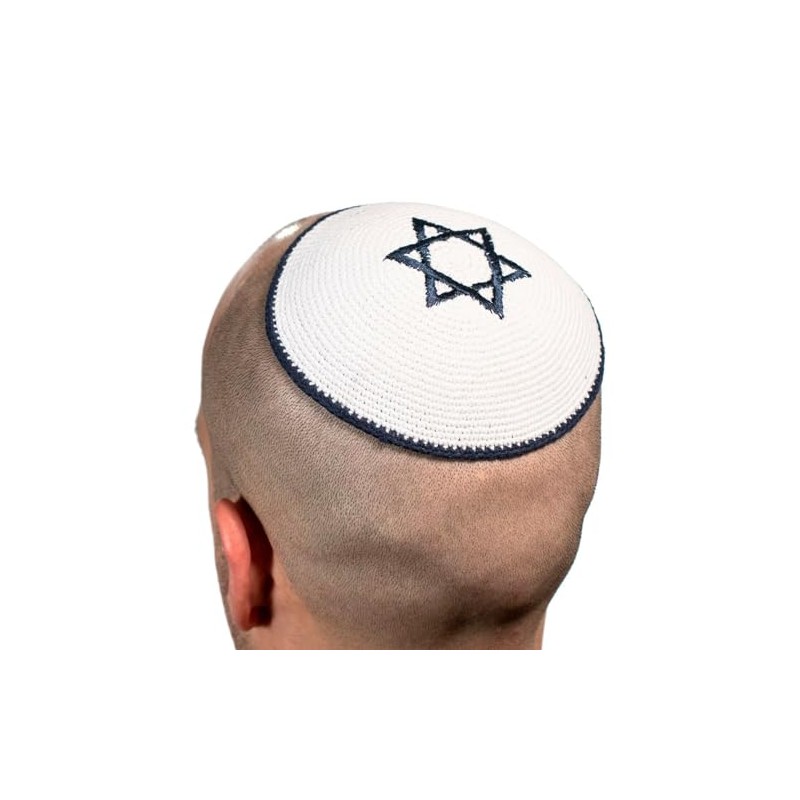 Round Designs Star of David Knitted Kippah (White Cotton and