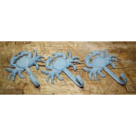 Vintage 3 Heavy Cast Iron Blue Crab Towel Hanger Coat Hooks Hat Hook, Key Rack Nautical