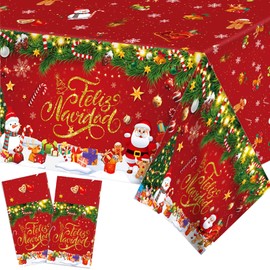 PHOGARY 2 Pcs Feliz Navidad Tablecloths Christmas Tablecloth, Santa Claus Table Cover Disposable Rectangular Christmas Plastic Tablecloth for Winter Holiday Spanish Feliz Navidad Decorations 130x220CM