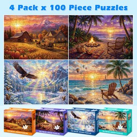 4 Packs 100 Piece Puzzle, Beach Harvest Winter Campfire 100 Piece Puzzles for Adults Seniors, Nature Landscape Large Piece Jigsaw Puzzles 100 Pieces for Seniors Adults Family Game Gifts (15x10 in)