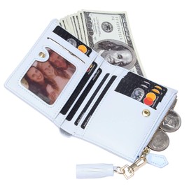 GEEADNB Small Wallet for Women, Mini Slim Wallet PU Leather Beautiful Women's Wallet with Zip Pocket and 9 Card Slots for Men and Women, Tassel Blue, Casual