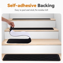 Jorviz 7-Pack Non-Slip Carpet Stair Treads for Wooden Steps Indoor, 8" X 30" Reusable Adhesive Backing Stair Runner Rugs for Kids Elders Pet, Diamond Pattern, Black