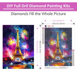 HEIBAGO Eiffel Tower Diamond Art Kits for Adults, 5D Full Drill Round City Painting Gems with Fireworks Diamond Painting, City Diamond Dots Perfect for Home Wall Decor 12x16inch
