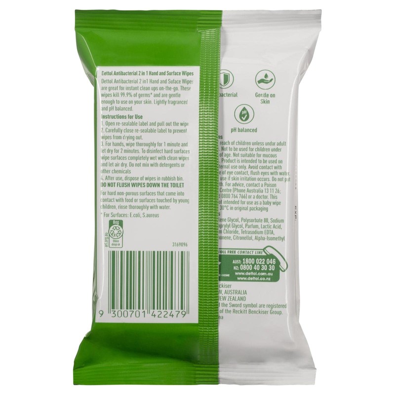 Dettol 2 in 1 Hands and Surfaces Antibacterial wipes 15