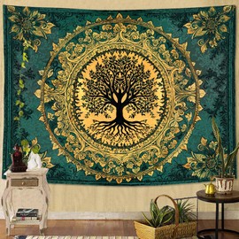 Zussun Tree of Life Tapestry Vintage Boho Mandala Tapestries for Bedroom Aesthetic Retro Bohemian Green Gold Plant Floral Flowers Leaves Tapestry Wall Hanging for Dorm Living Room 48 x 36 Inch