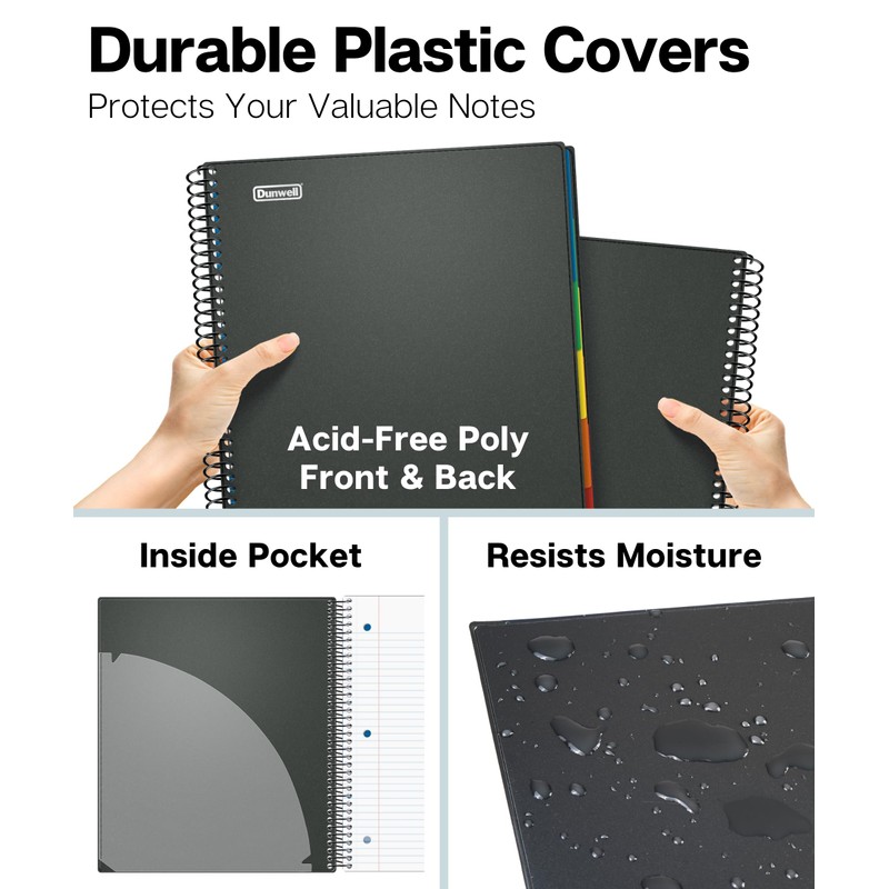 Dunwell 5-Subject Notebook, College Ruled, Colorful Movable Pocket Dividers with