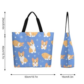 Muishi Cute Corgi Canvas Tote Bag, Large Women's Casual Shoulder Handbag, Reusable Beach Shopping Grocery Bag, For Outdoors