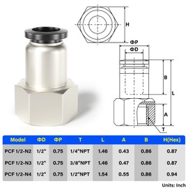 TAILONZ PNEUMATIC Female Straight 1/2 Inch Tube OD x 3/8 Inch NPT Thread Push to Connect Fittings PCF-1/2-N3(Pack of 2)