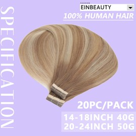 EINbeauty Tape Extensions Real Hair 20 Pieces Extensions Real Hair 40 cm 40 g Light Brown with Golden Blonde Tape In Extensions Real Hair Invisible Real Hair Extensions Tape Straight Hair Extensions