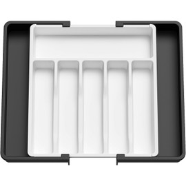 Lifewit Organizador de Cubiertos, Bandeja para Cubiertos Extensible, Cubertero para Cajón para Menaje, Organizador de Cubertería Ajustable para Cucharas Tenedores Cuchillos, Grande, Blanco y negro