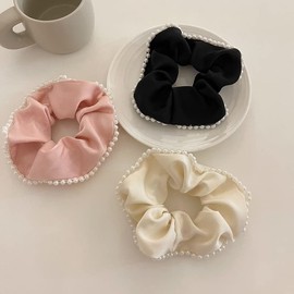 FEIFEI’S BOW 3PCS Colour Pearl Hair Scrunchies For Girls Women Elastic Hair Tie Bands Ponytail Holder Bobbles Hair Accessories Thick Thin Hair (Set 02)
