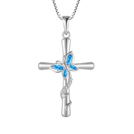 Blaniy Cross Necklace for Women 925 Sterling Silver Butterfly Necklace March Birthstone Necklace Aquamarine Pendant Jewelry Gifts for Women