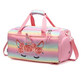 Overnight Bag for Kids, VASCHY Large Capacity Travel Duffle Bag for Girls Lightweight Holdall Bag Weekender Bag with Shoes and Seperated Dry Wet Compartment for School, Dance, Sport(Rainbow Unicorn)