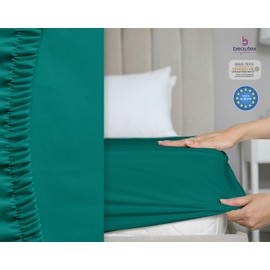 Beautex Cotton Fitted Sheet, Premium Jersey Fabric, 160 g/m², Choice of Size and Colour, Topper, 140 x 200 x 15 cm, Petrol