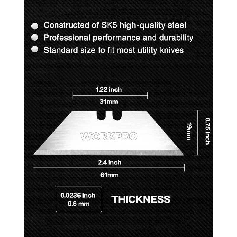 WORKPRO 50-Pack Utility Knife Blades with Dispenser, SK5 Steel Box