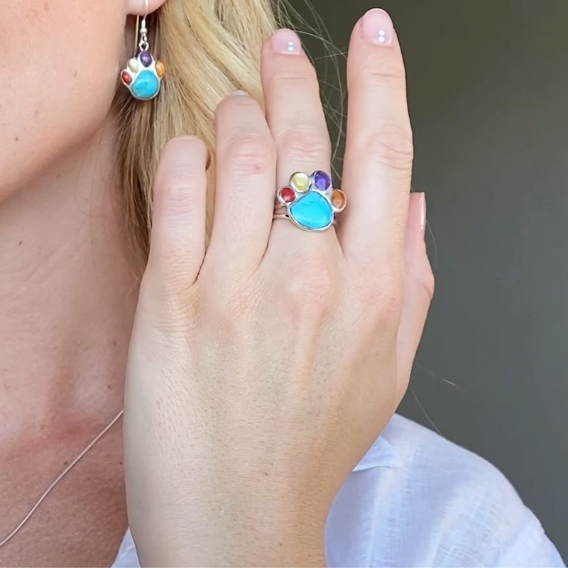 Dog Paw Sterling Silver 925 Genuine Spiny Turquoise Ring (Multi-Gemstones,