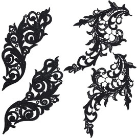 GORGECRAFT 4 Pieces 2 Styles Leaves Embroidered Appliques Lace Fabric Black Leaf Flower Patches for Sewing DIY Wedding Dress Collar Neck Trim Applique for Sewing Clothing Hat Bag