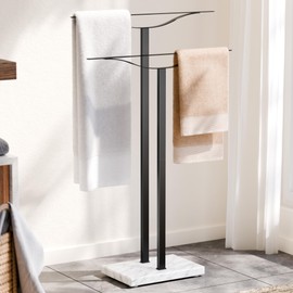 Bathroom Towel Rack Freestanding Floor Stand: Brushed 36in 2‑Bar Weighted Marble Base Towel Holder, Rustproof 304 Stainless Steel Drying Rack for Bath&Hand Towels, No‑Drill Slim Organizer, Spa Pool