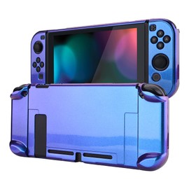eXtremeRate Glossy Back Cover for PlayVital Switch Console, NS Joycon Handheld Controller Detachable Protector Hard Shell, Dockable Protective Case Customized for Switch [Chameleon Purple Blue]